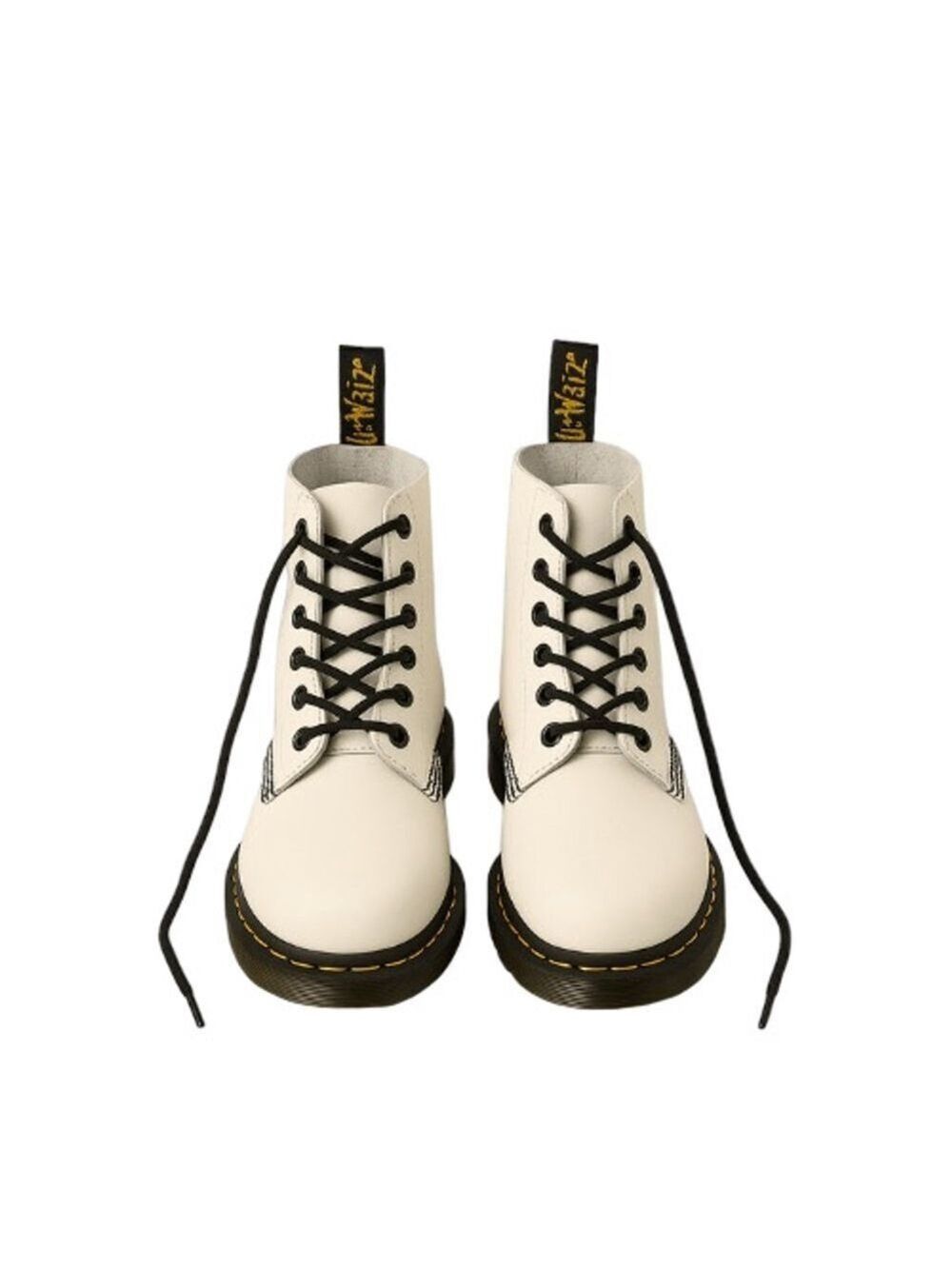 Docs - Dr. Martens 101 White Smooth Leather Ankle Boots Yellow Stitching US 6